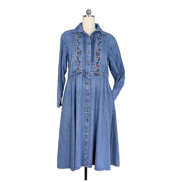 Vintage Talbots Denim Shirt Dress 90s Embroidered Modest Blue Jean Grunge 16P